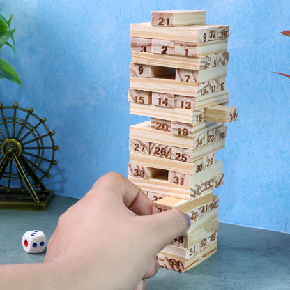 Wooden Tumbling Tower game set by Wukusy featuring stacked natural wood blocks for fun and skillful gameplay.