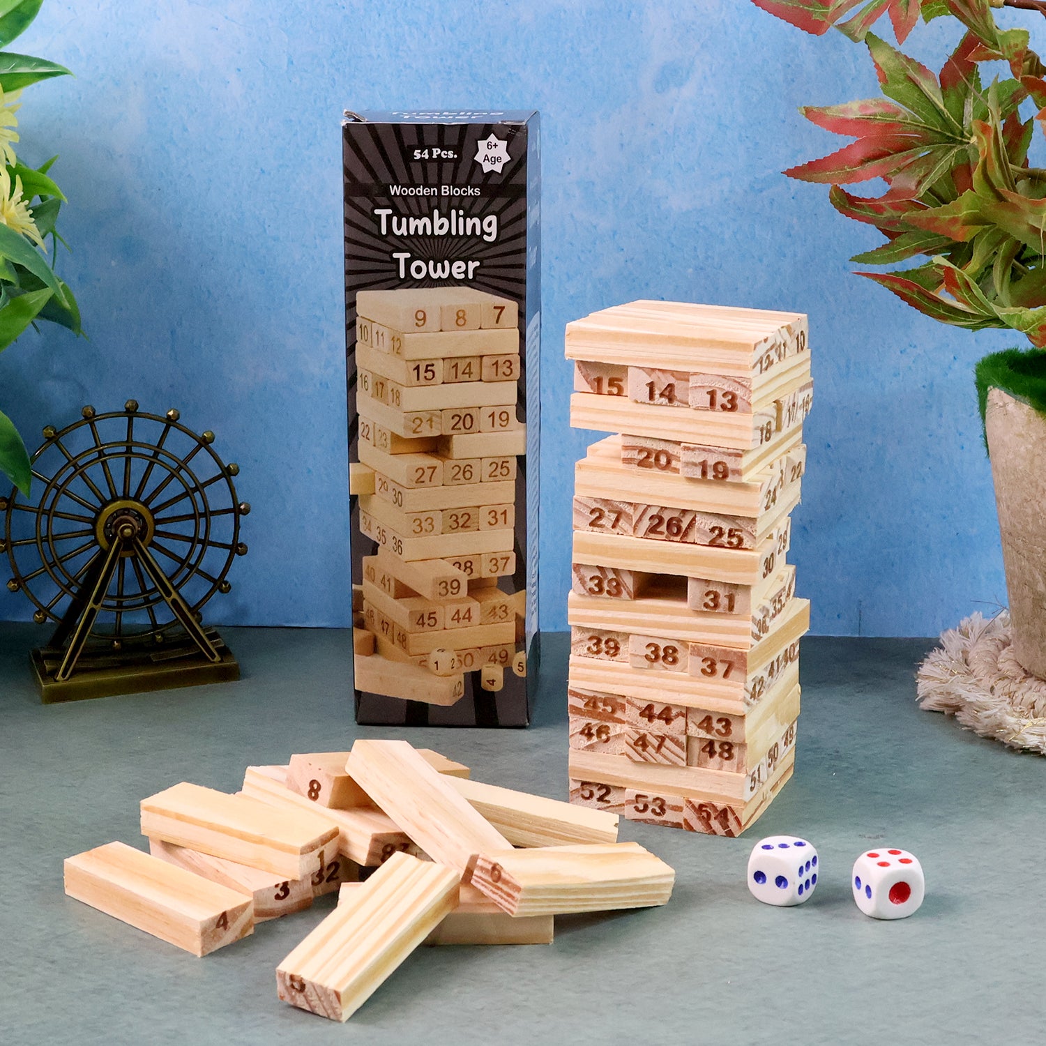 Wooden Tumbling Tower Game set by Wukusy showing stacked wooden blocks in a game layout on a white background.
