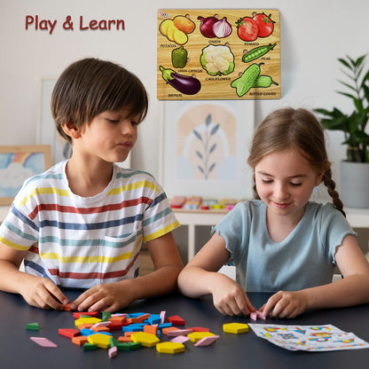 Wooden vegetable puzzle educational toy set by Wukusy with colorful vegetable pieces for learning and play.