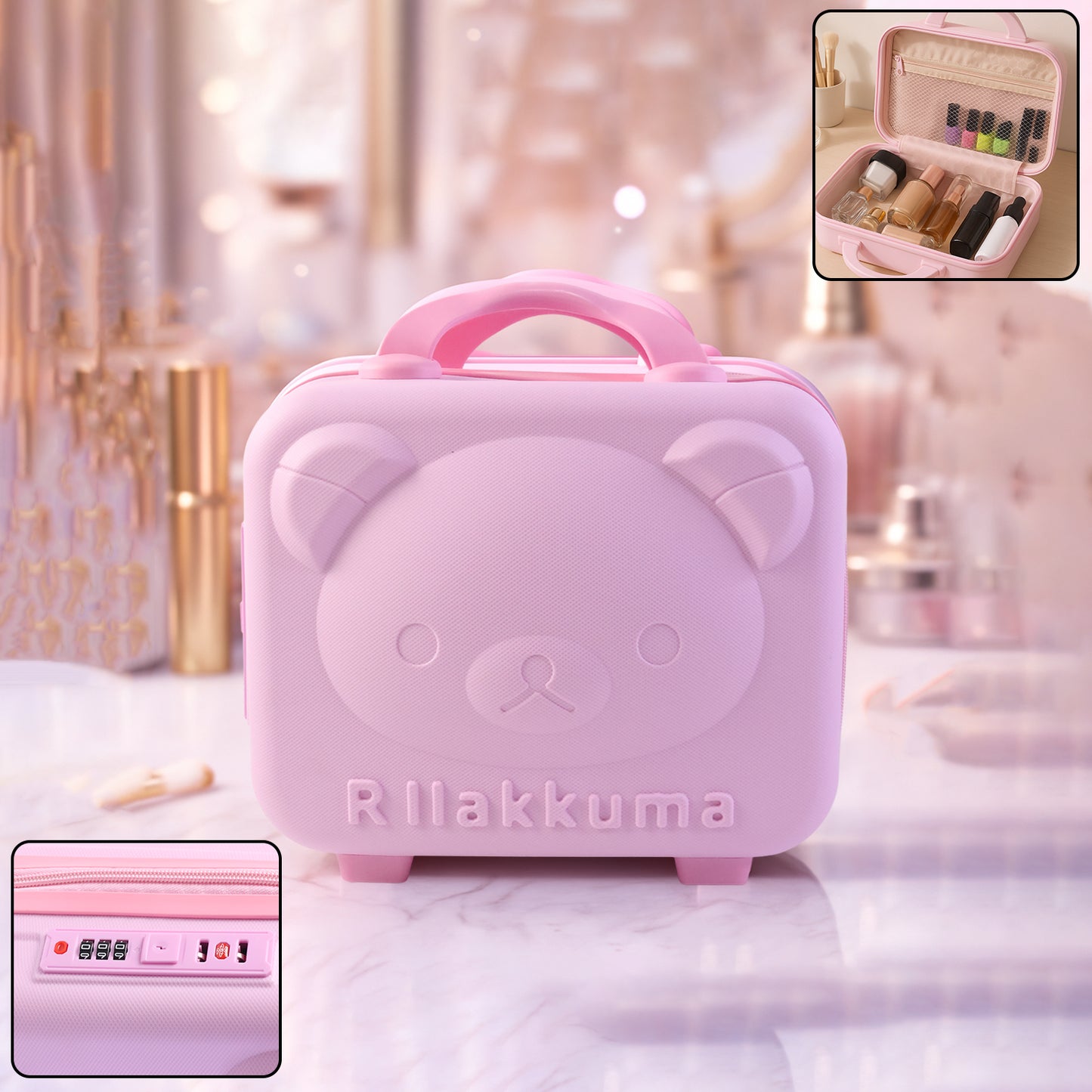 Wukusy bear-shaped hard shell travel carry case with 3-digit number lock and handle, designed for kids' storage and protection.