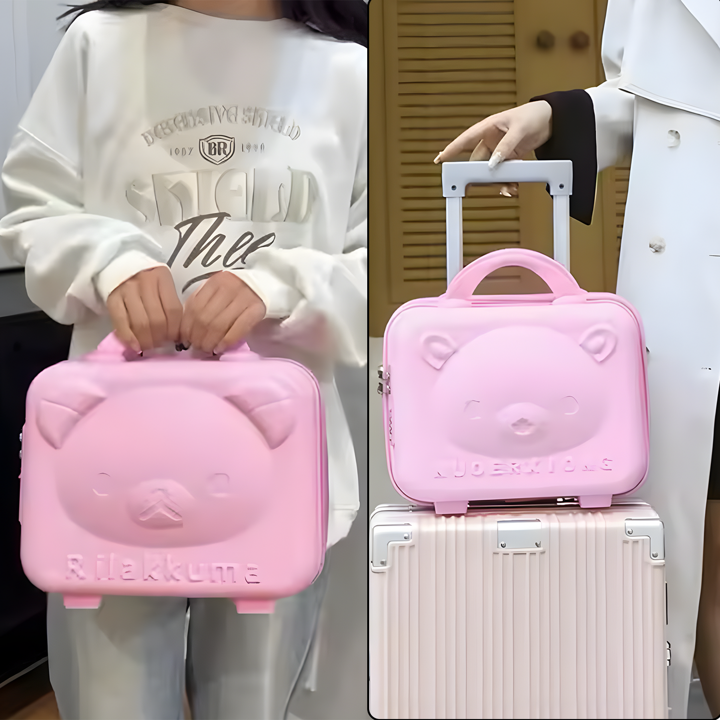 Wukusy bear-shaped hard shell travel storage case with 3-digit number lock and handle, designed for kids' belongings.