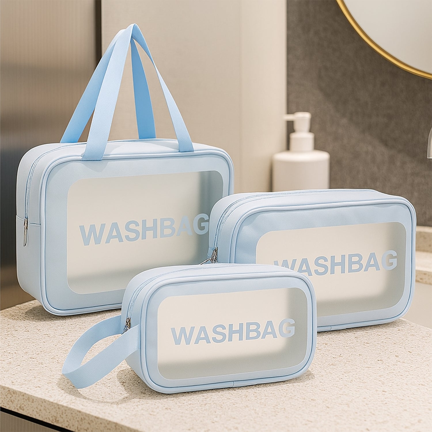 Transparent waterproof 3-in-1 travel toiletry bag set by Wukusy with multiple compartments for toiletries and personal items.