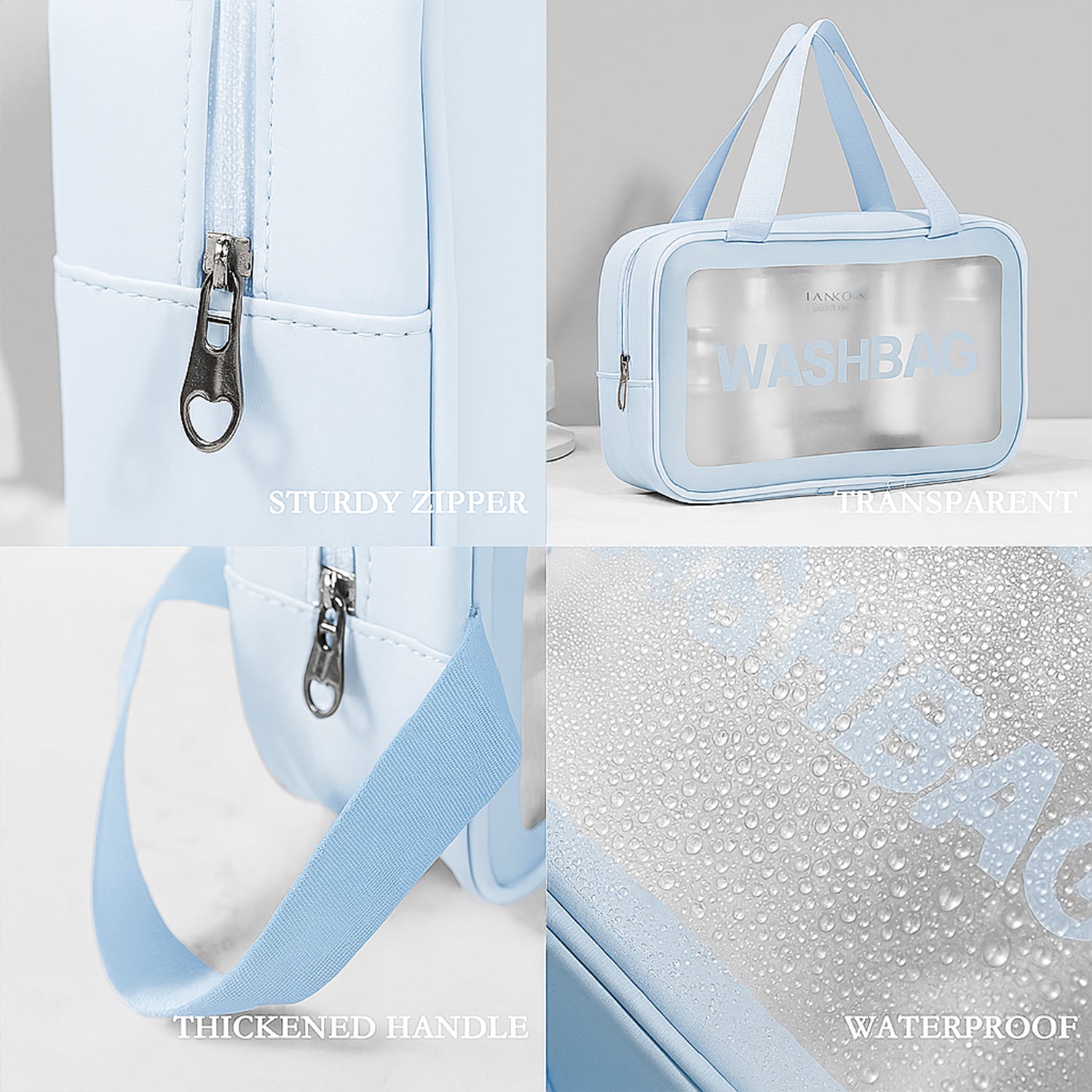 Wukusy 3-in-1 waterproof transparent travel toiletry bag set with multiple compartments and clear design for easy packing.