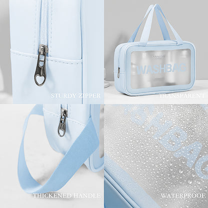 Wukusy 3-in-1 waterproof transparent travel toiletry bag set with multiple compartments and clear design for easy packing.