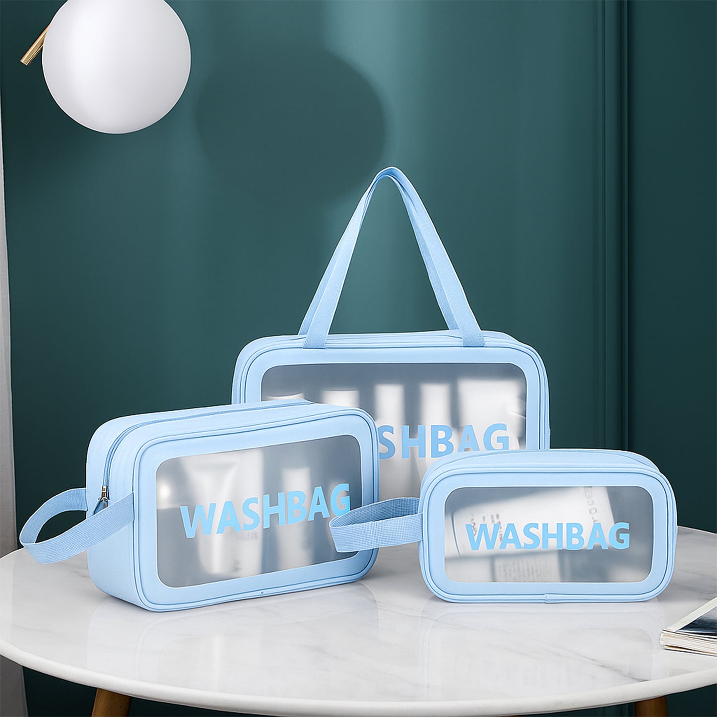 Wukusy 3-in-1 waterproof transparent travel toiletry bag set with multiple compartments for toiletries and personal items.