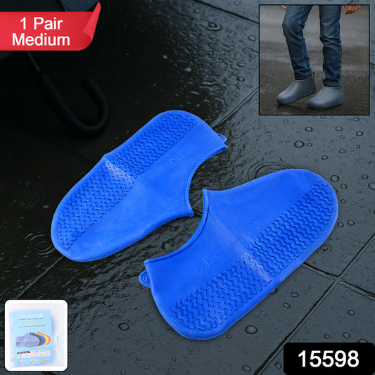Blue Wukusy travel silicone rain shoe covers, waterproof, non-slip, foldable, reusable, anti-skid boot covers for protection in wet conditions.