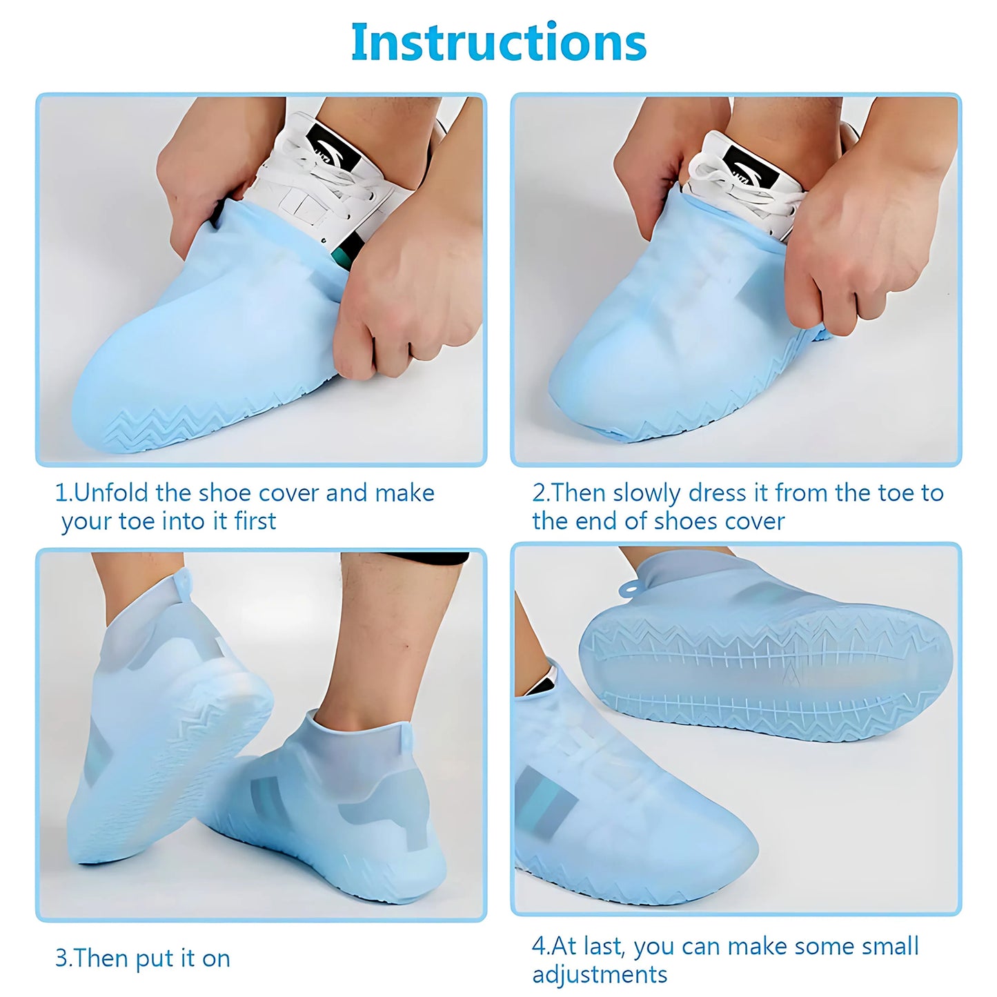 Blue Wukusy non-slip silicone rain shoe covers, waterproof and reusable, designed to protect footwear from wet conditions.