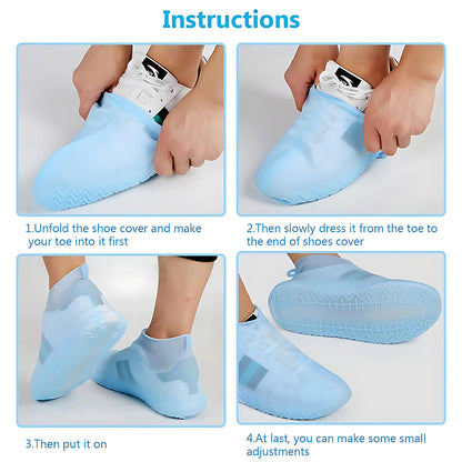 Blue Wukusy non-slip silicone rain shoe covers, waterproof and reusable, designed to protect footwear from wet conditions.