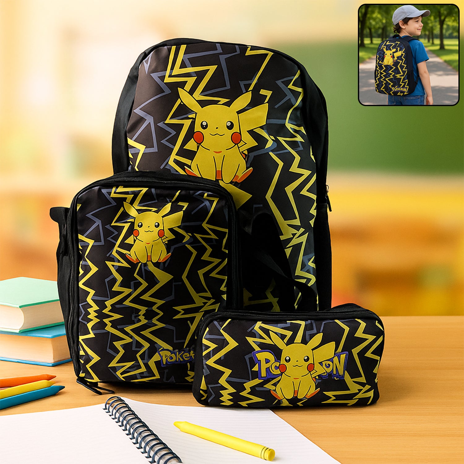 Wukusy cartoon character school bag combo set for kids, 3-piece travel backpack with colorful cartoon designs and adjustable straps.