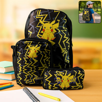 Wukusy cartoon character school bag combo set for kids, 3-piece travel backpack with colorful cartoon designs and adjustable straps.