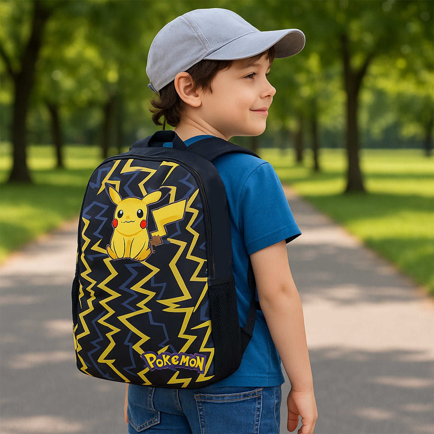 Wukusy cartoon character school bag combo set for kids, 3-piece travel bag with colorful cartoon designs.