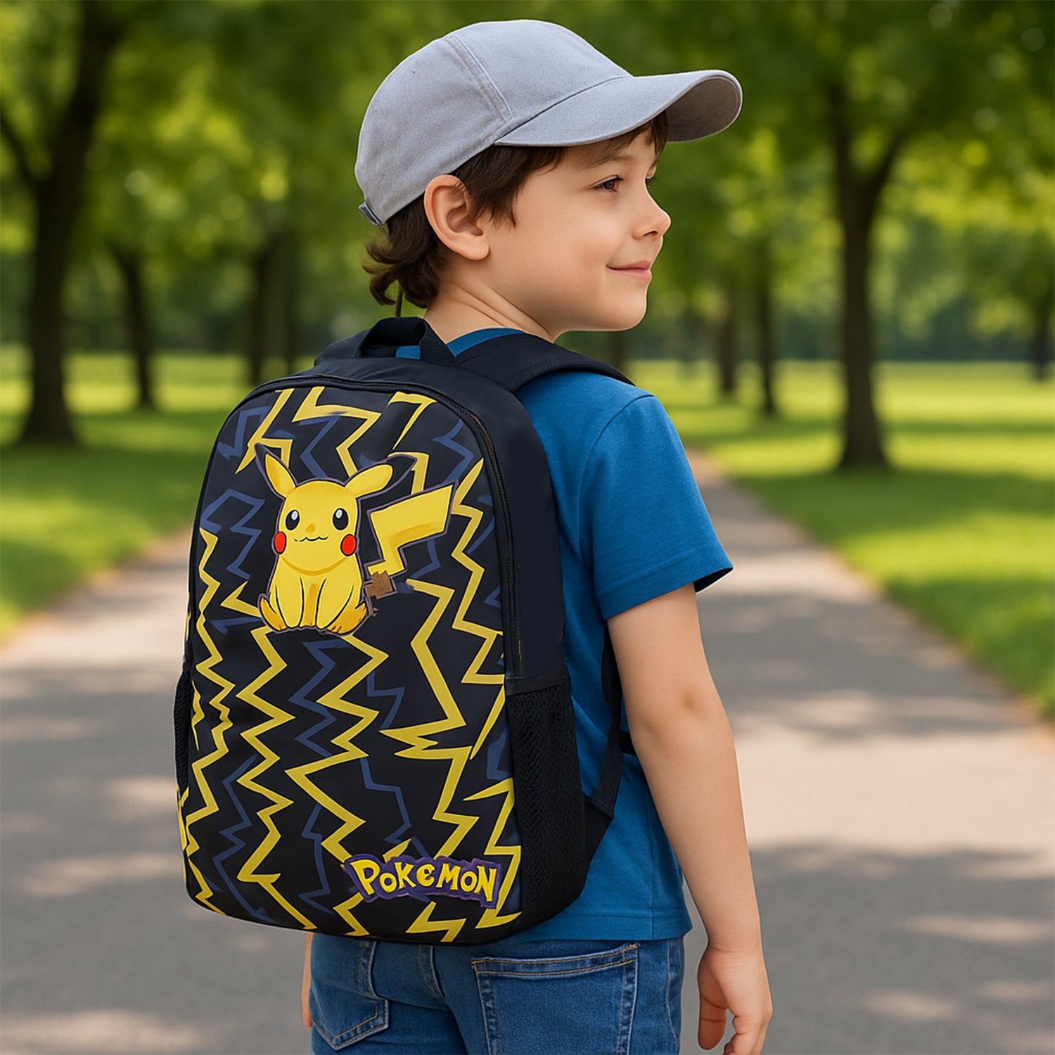 Wukusy cartoon character school bag combo set for kids, 3-piece travel bag with colorful cartoon designs.