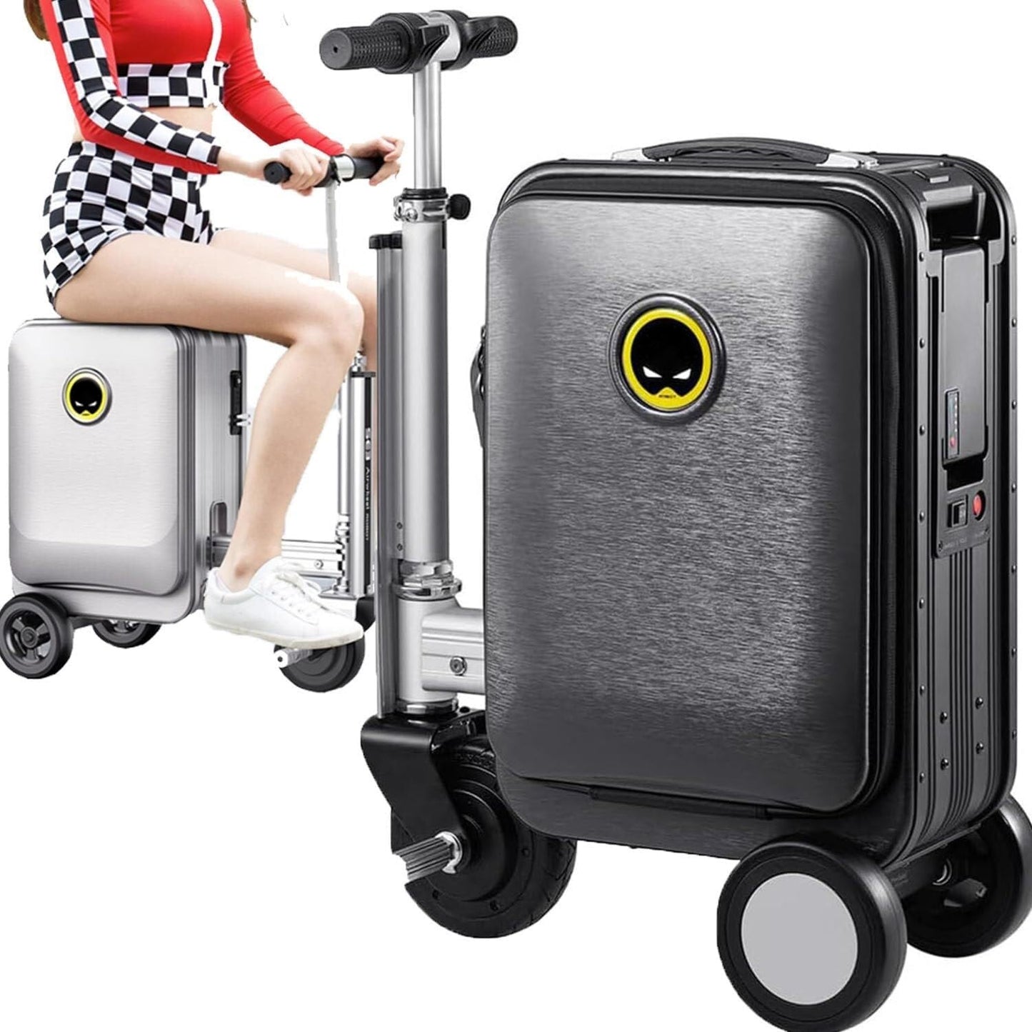 Wukusy electric suitcase smart travel luggage with scooter design, removable battery, and speed control, suitable for modern travelers.