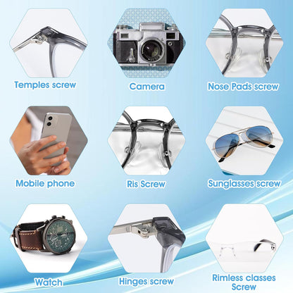 Wukusy travel eyeglass repair kit with screwdrivers, screws, and tools for on-the-go eyewear repairs in a compact set.
