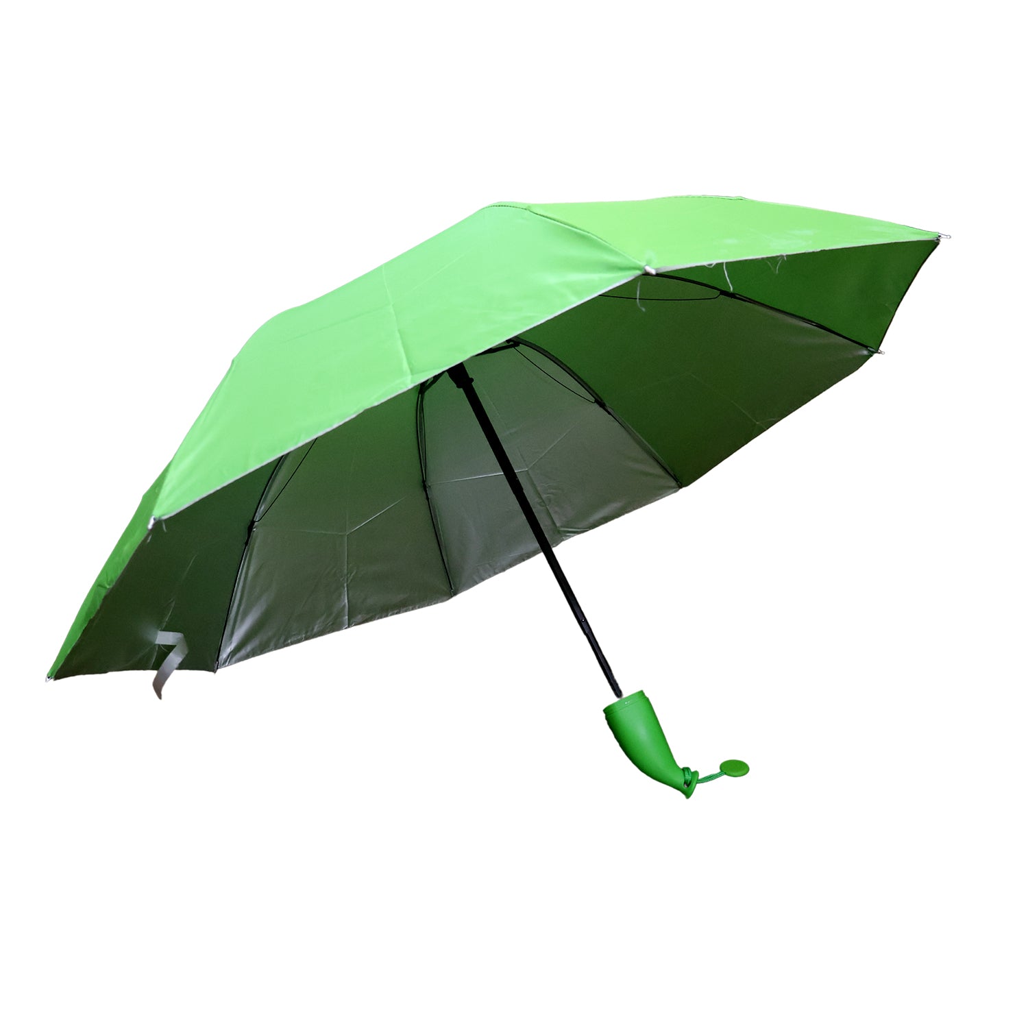Green Wukusy banana-shaped mini foldable travel umbrella open, showcasing its stylish and compact design for portability.