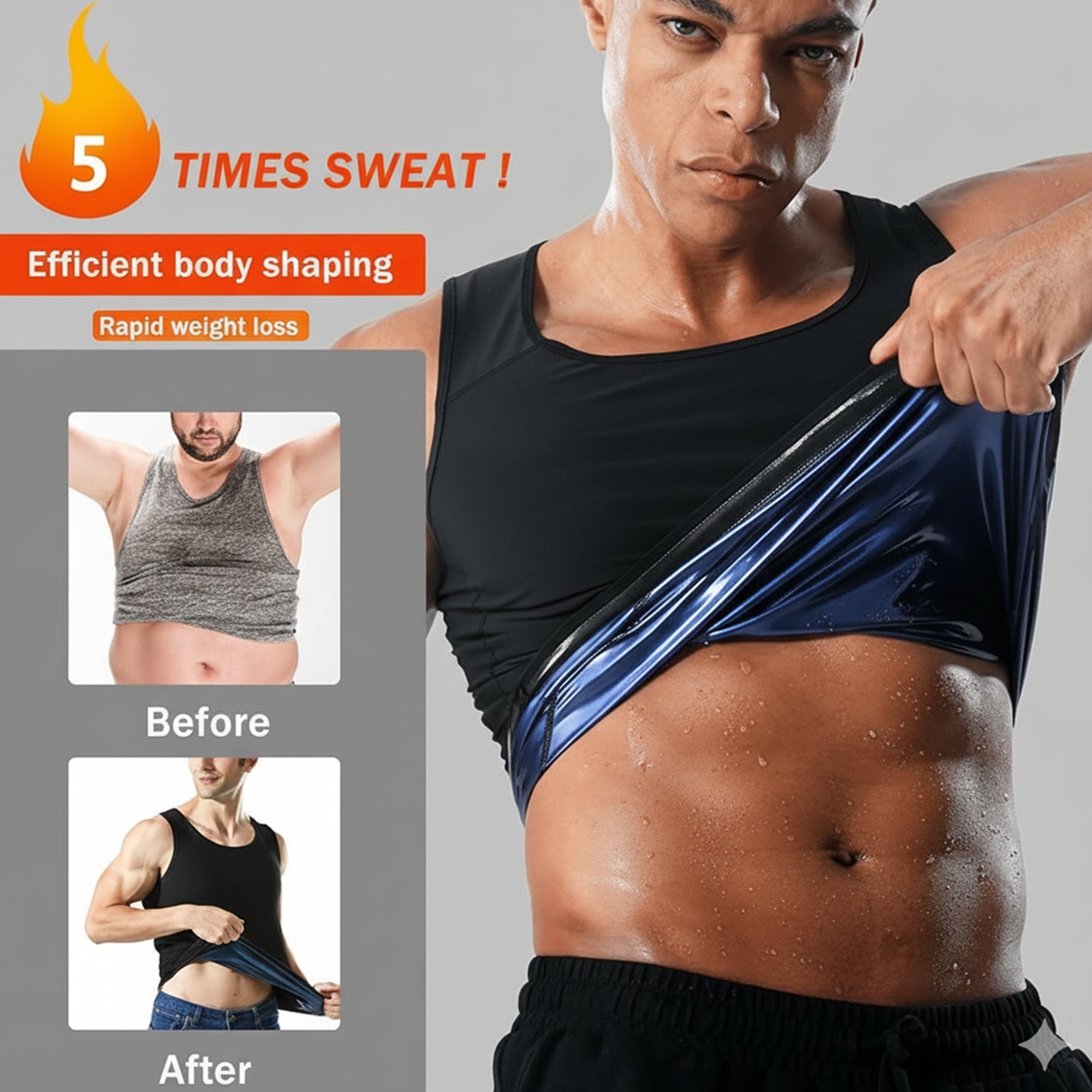 Men's slim fit sweat shaper tank top by Wukusy, travel-friendly design, in black with a close-fitting style and sleeveless cut.