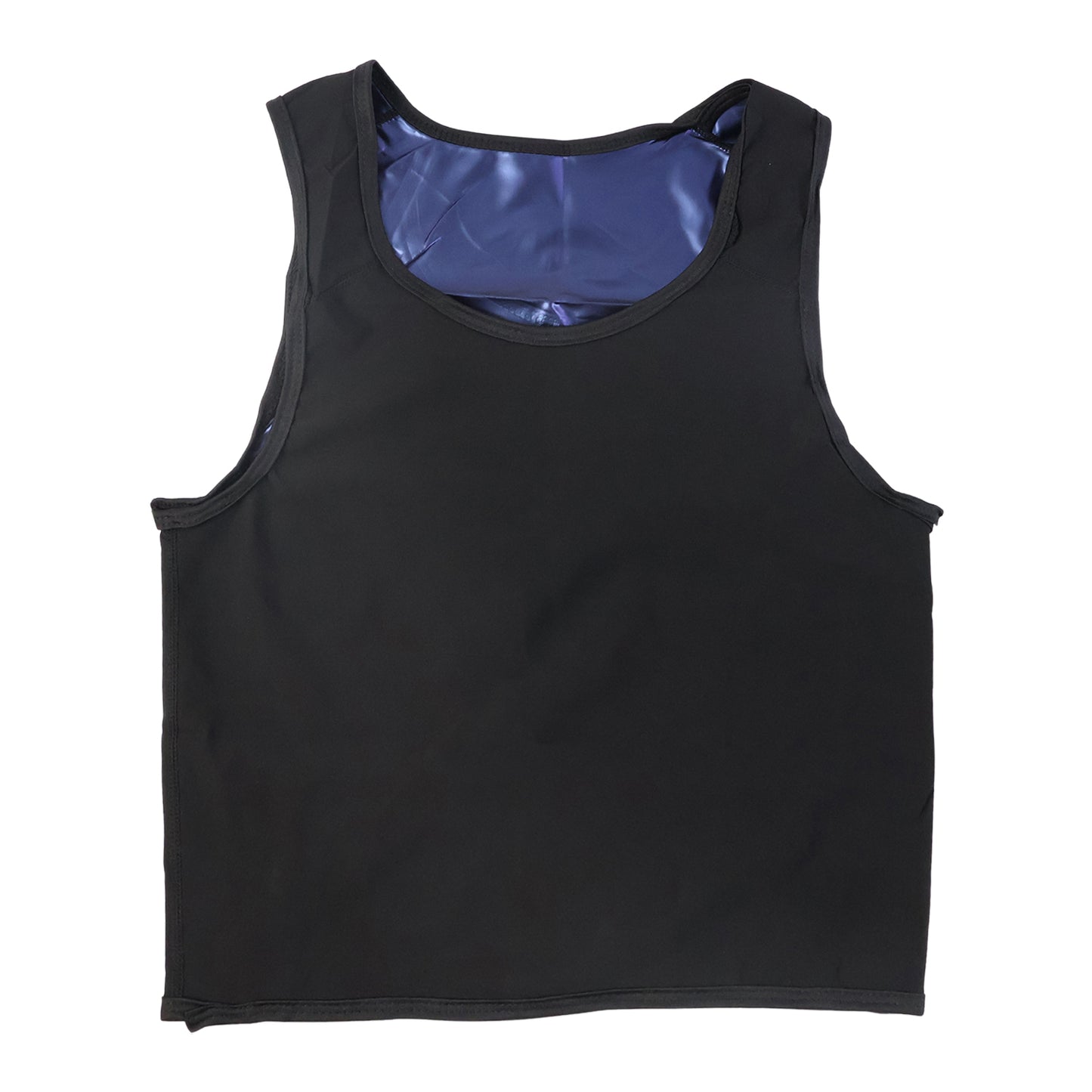 Wukusy men's slim fit sweat shaper tank top in LXL size, designed for travel, shown in black with a close-up of the fabric and fit.