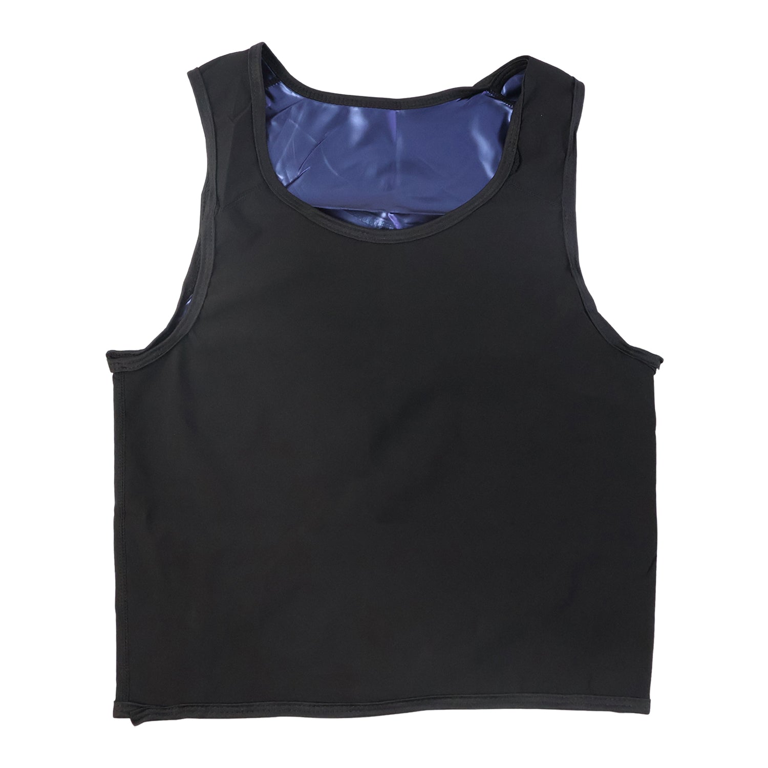 Wukusy men's slim fit sweat shaper tank top in LXL size, designed for travel, shown in black with a close-up of the fabric and fit.