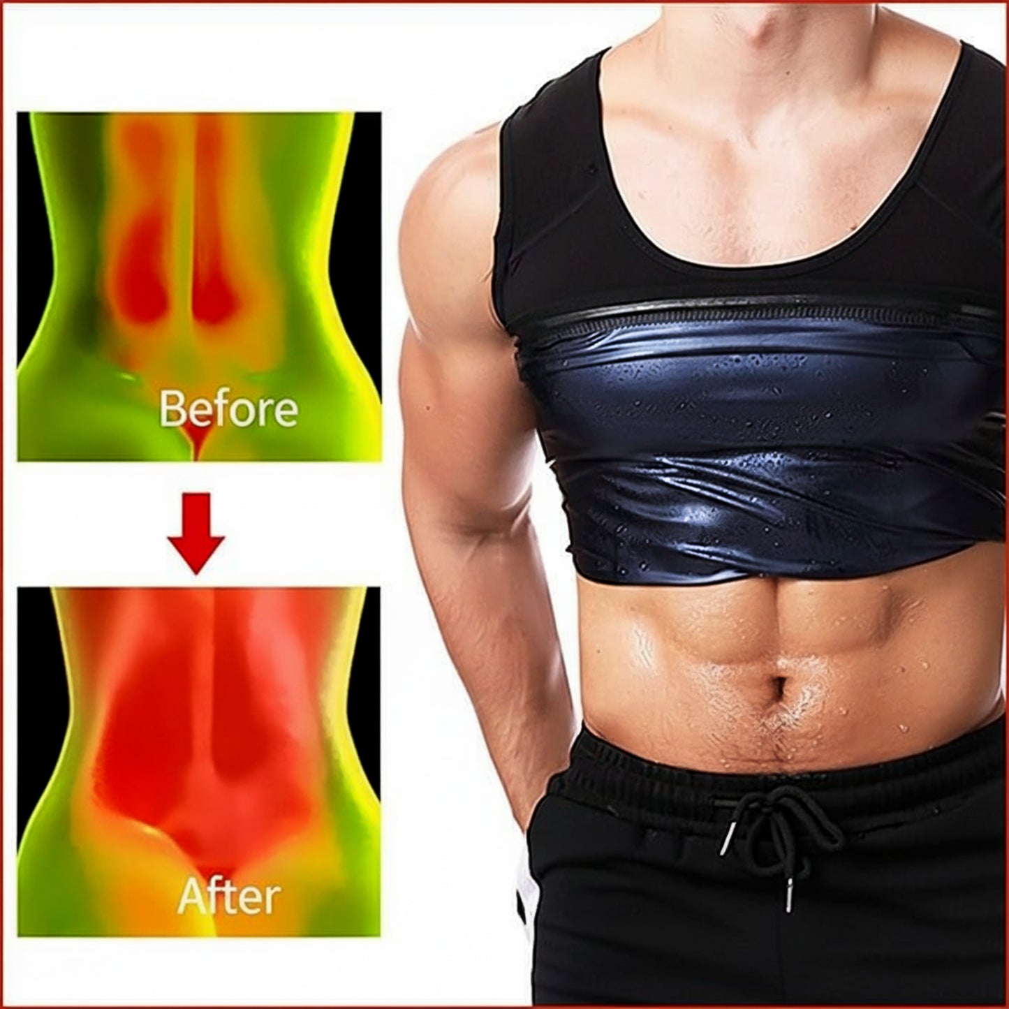 Mens slim fit sweat shaper tank top by Wukusy, designed for travel, showing a close-up of the fitted black tank top on a mannequin.