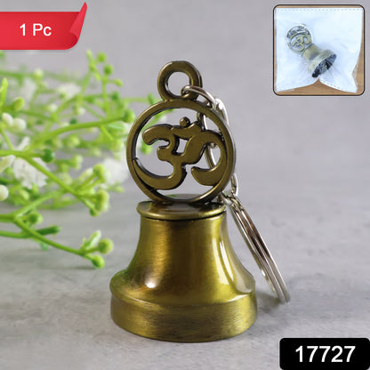 Wukusy Om Symbol temple bell metal keychain for travel, featuring a detailed Om symbol and bell design on a keyring.