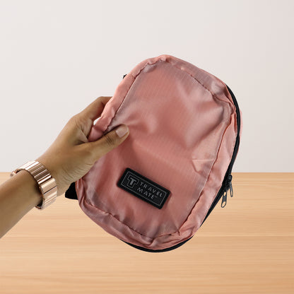 Wukusy Premium Travel Mate hanging toiletry bag with multiple compartments for travel organization, shown hanging open.