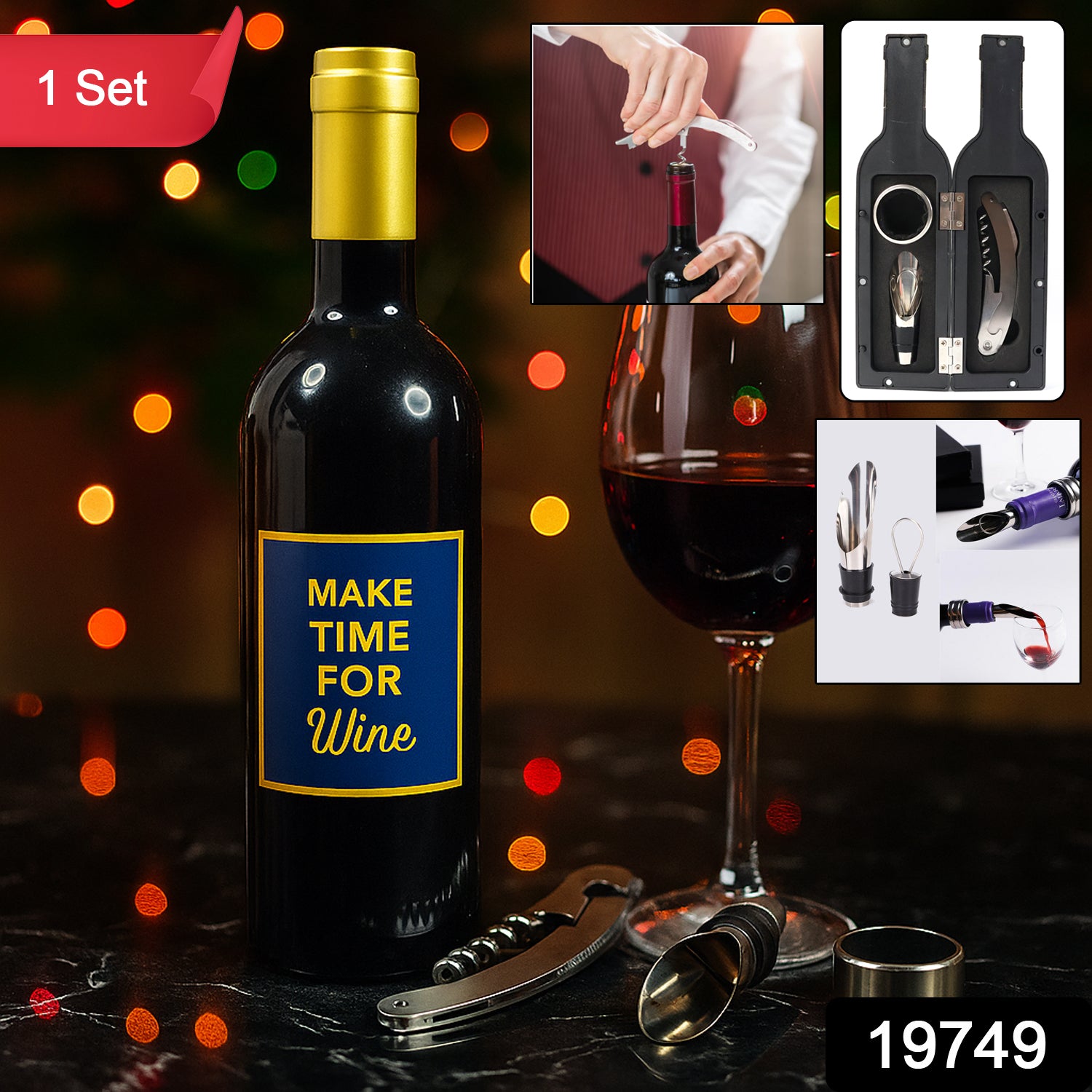 Wukusy travel wine bottle shape bar accessory gift set with corkscrew, stopper, and pourer for wine enthusiasts.