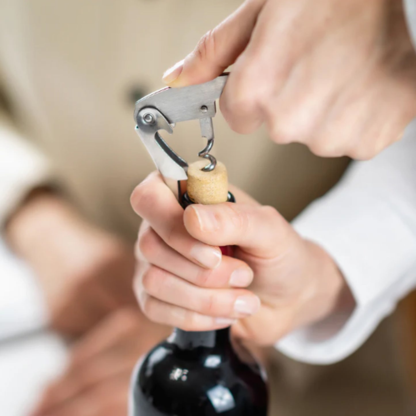 Wukusy travel wine bottle-shaped bar accessory gift set with corkscrew, stopper, and tools on a white background.