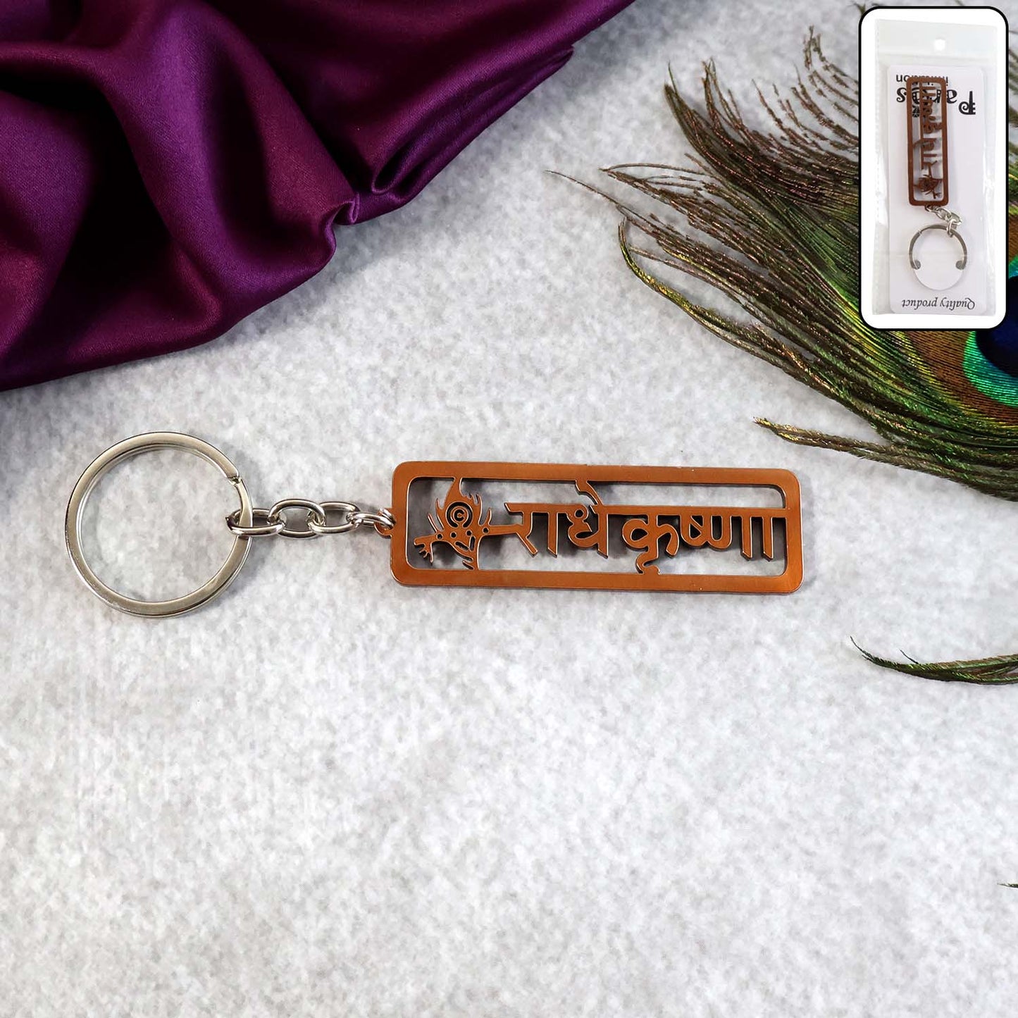 Metal Radha Krishna religious keychain by Wukusy, featuring intricate design, ideal for travel accessories.