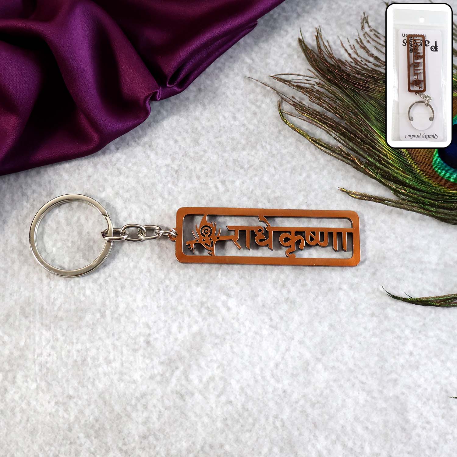 Metal Radha Krishna religious keychain by Wukusy, featuring intricate design, ideal for travel accessories.