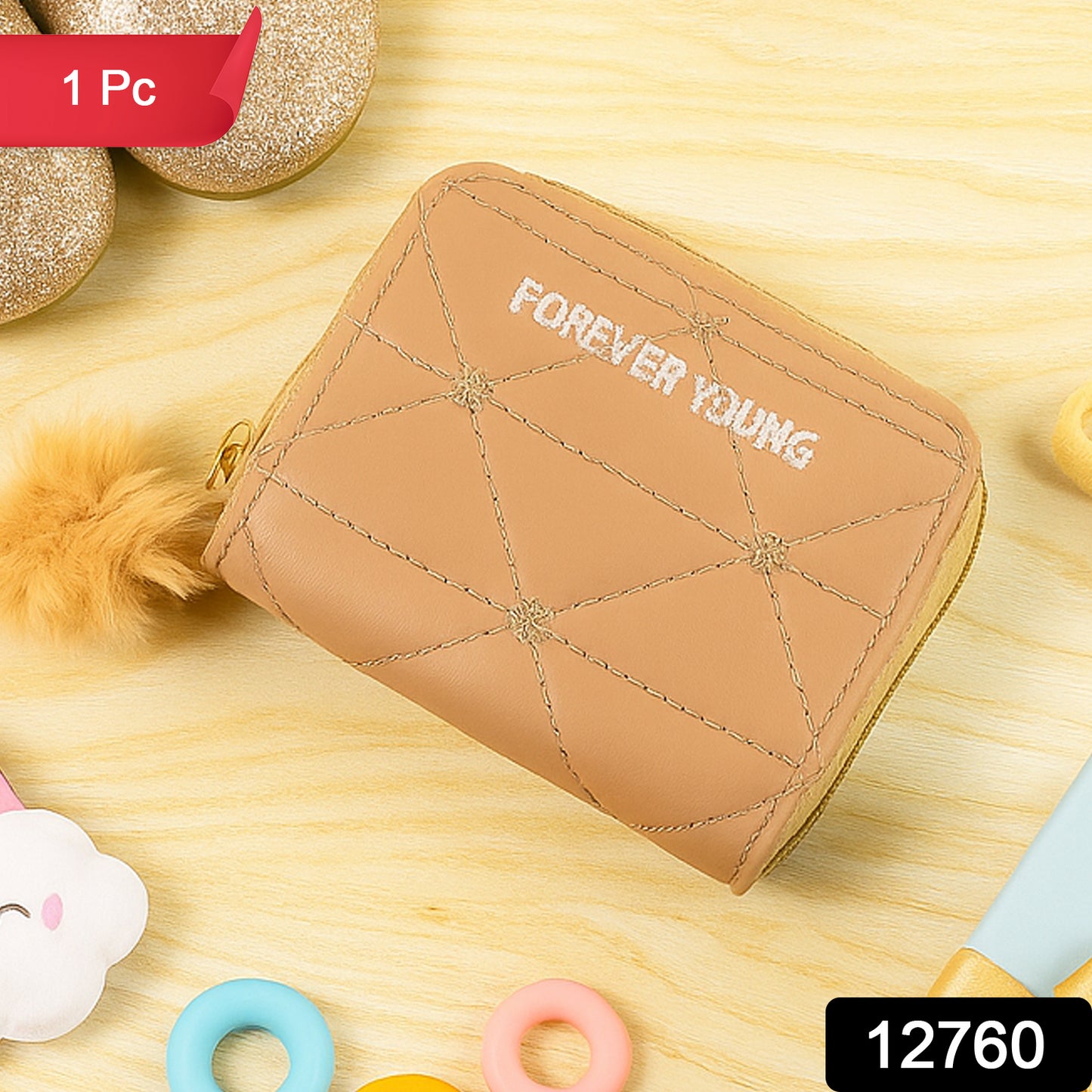 Wukusy stylish kids wallet with soft fur zip puller, designed for travel, featuring a colorful pattern and compact size.