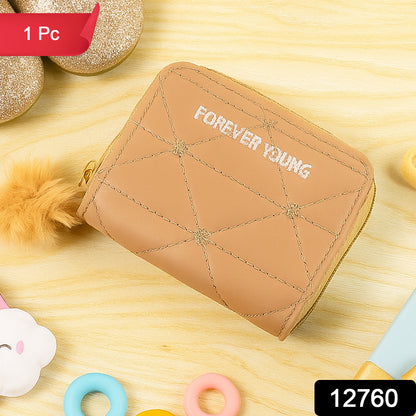 Wukusy stylish kids wallet with soft fur zip puller, designed for travel, featuring a colorful pattern and compact size.