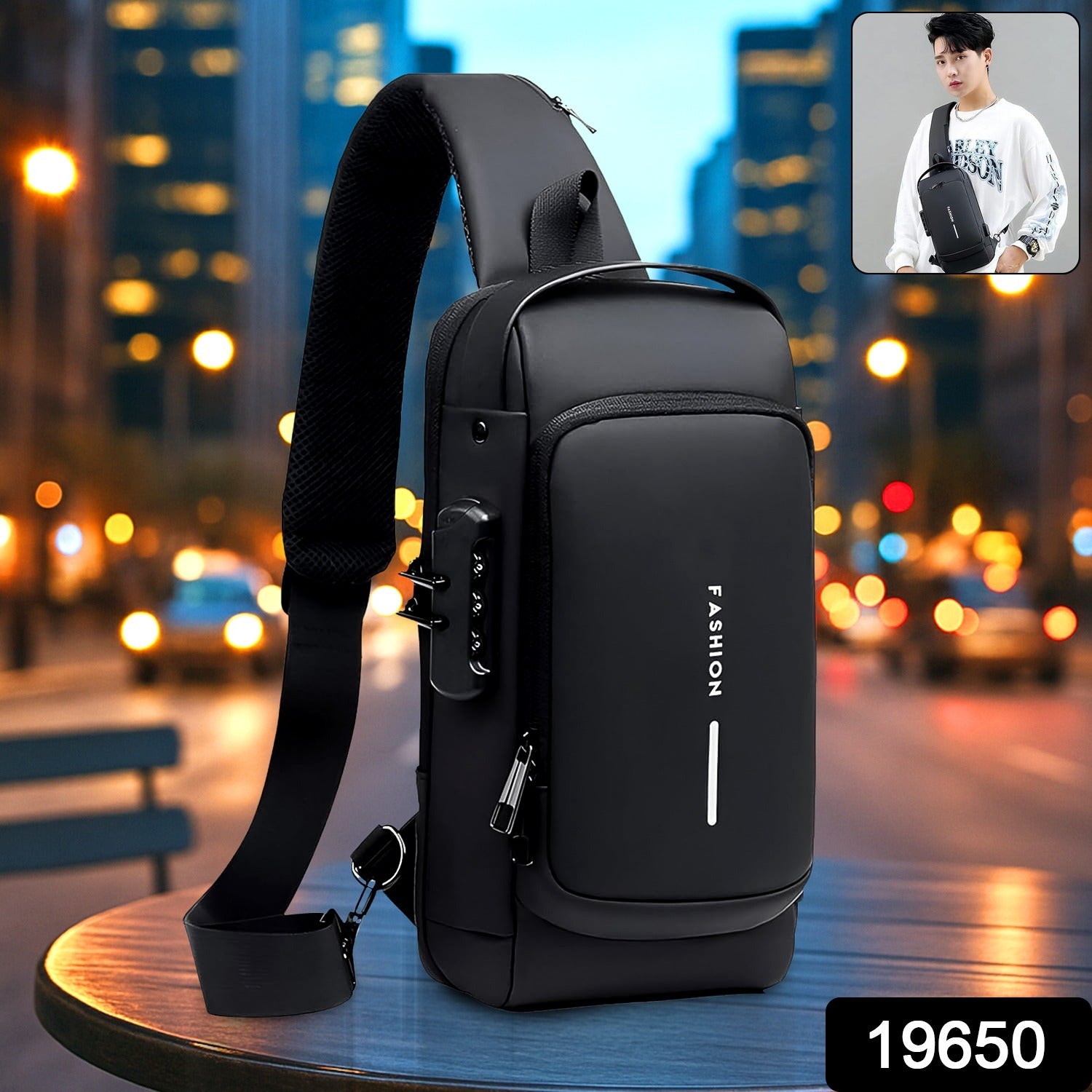 Wukusy travel anti-theft crossbody sling bag with USB charging port, shown in black with adjustable strap and secure compartments.