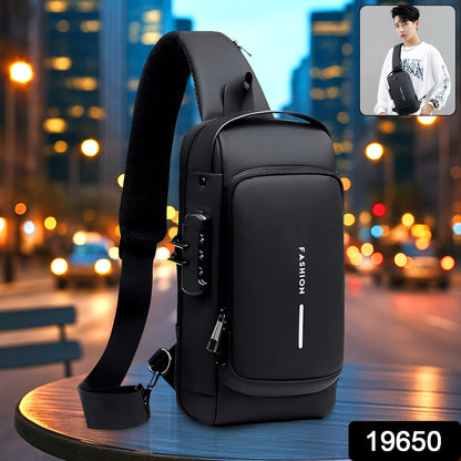 Wukusy travel anti-theft crossbody sling bag with USB charging port, shown in black with adjustable strap and secure compartments.