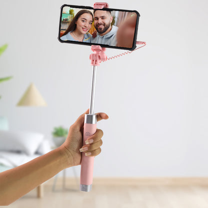 Wukusy travel wired selfie stick with rearview mirror and built-in shutter button, ideal for taking selfies and group photos.