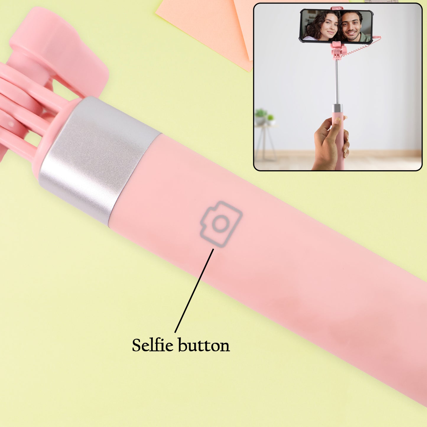 Wukusy travel wired selfie stick with rearview mirror and built-in shutter button, portable for capturing selfies and group photos.