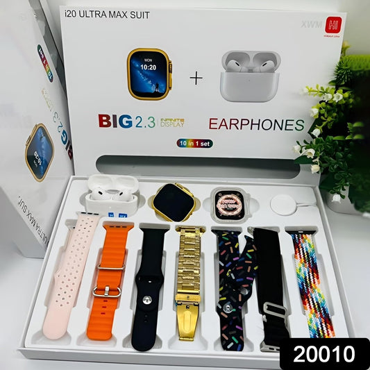 Wukusy 10-in-1 smart Bluetooth smartwatch with transparent screen guard and seven classic straps, paired with wireless earphones in mix colors.