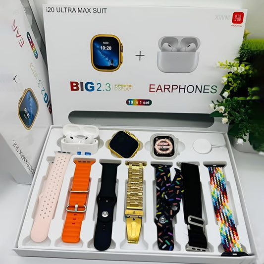 Wukusy 10-in-1 smart Bluetooth smartwatch with transparent screen guard, earphones, and seven colorful classic straps.