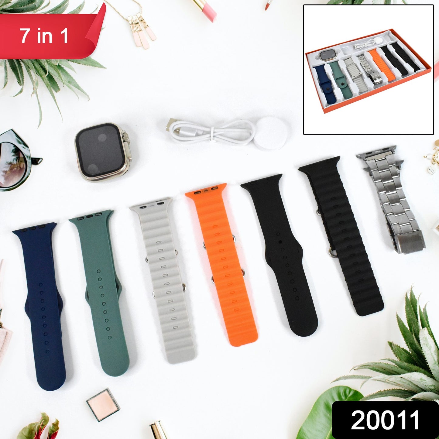 Wukusy 7-in-1 ultra smart watch combo with seven classic straps and transparent screen guard, mixed colors, on a white background.
