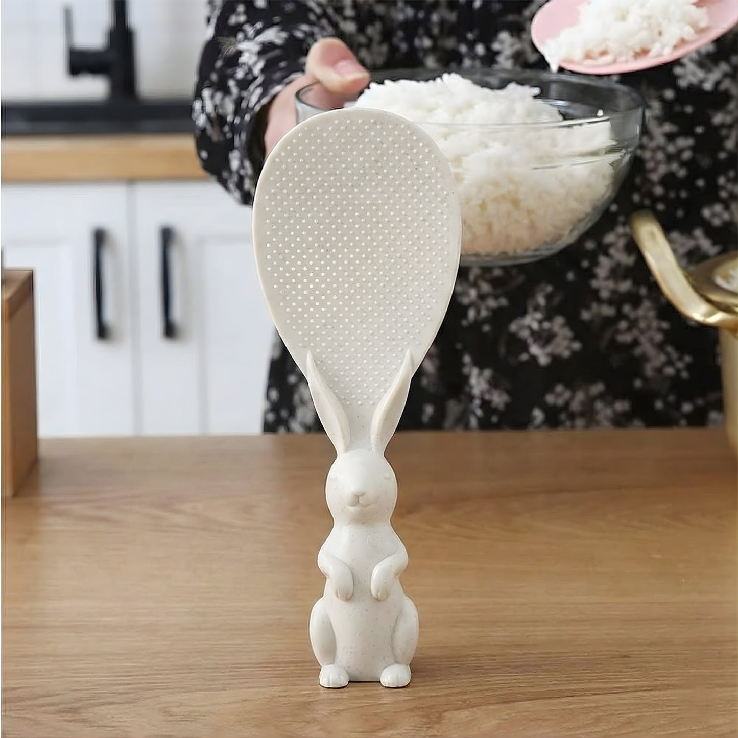 Wukusy cute bunny handle non-stick rice serving spoon with adorable bunny design and ergonomic handle, ideal for serving rice.