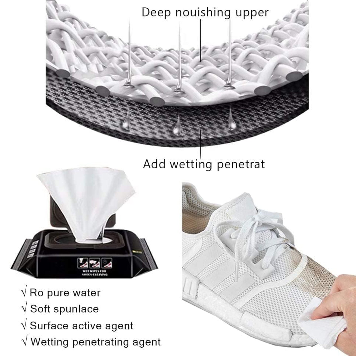 Wukusy shoe cleaning wet wipes for sneakers, fast scrubbing, removes dirt and stains, portable disposable wipes for quick shoe cleaning.
