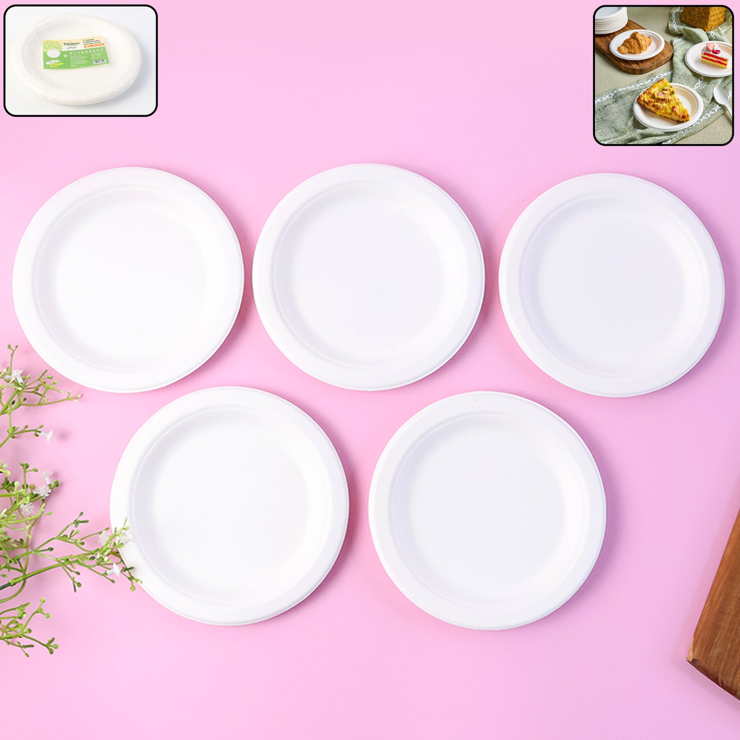 Wukusy Freshee 6-inch round compostable bagasse plate, set of 10, showing eco-friendly disposable tableware for home and kitchen use.