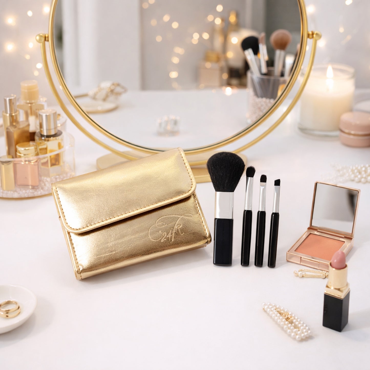 Wukusy 4-in-1 professional makeup brush set with multiple brushes and a premium storage pouch on a white background.
