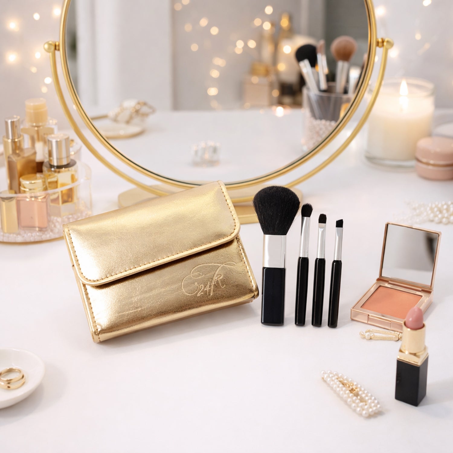 Wukusy 4-in-1 professional makeup brush set with multiple brushes and a premium storage pouch on a white background.