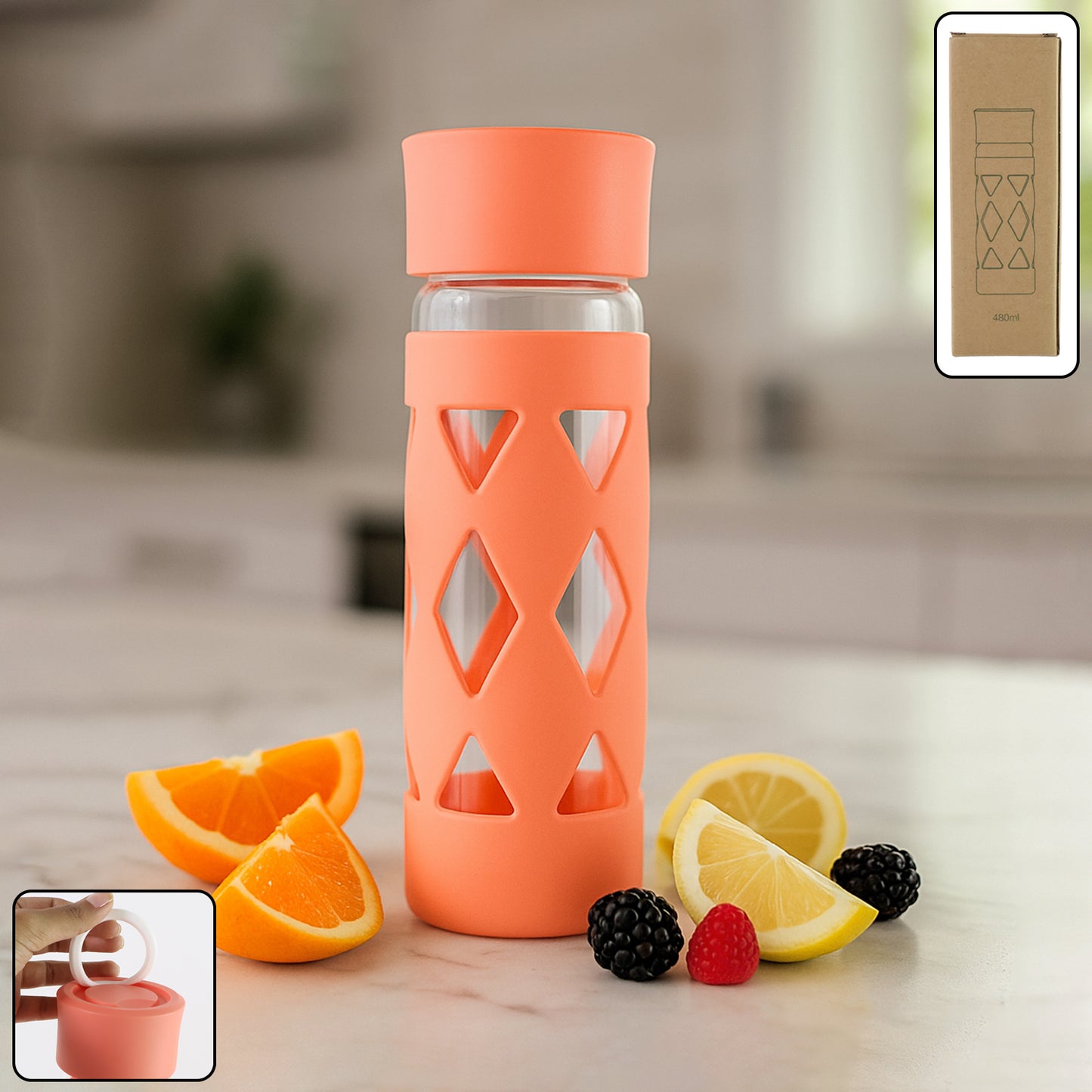 Wukusy glass water bottle with protective sleeve, 480 ml capacity, featuring a clear design for home and kitchen use.