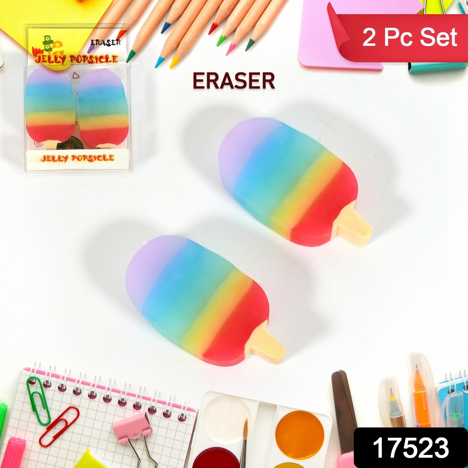 Wukusy Jelly Popsicle shape fancy erasers set with two colorful, cute, and creative mini erasers for children and school use