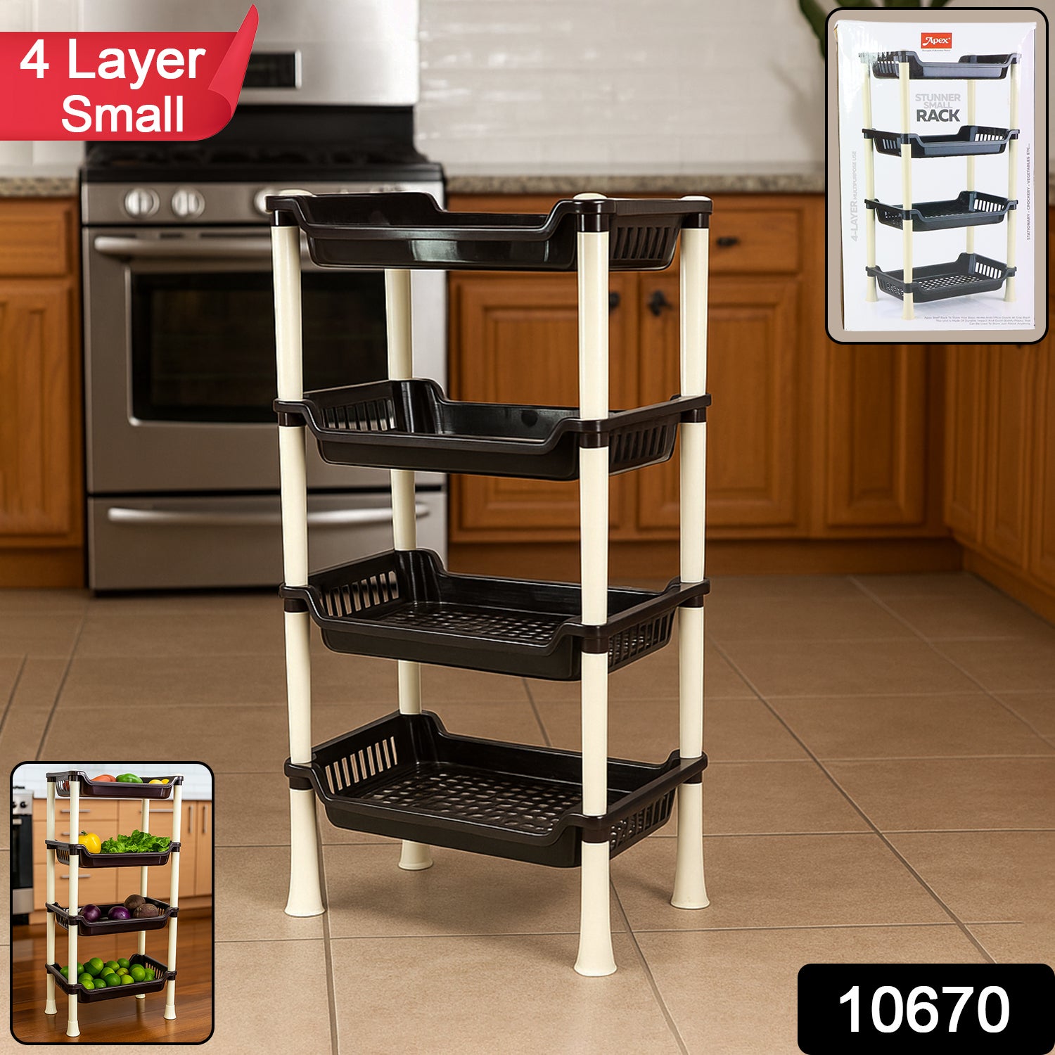 Wukusy Apex 4-layer small plastic storage rack for home and kitchen organization, with multiple compartments for versatile use.