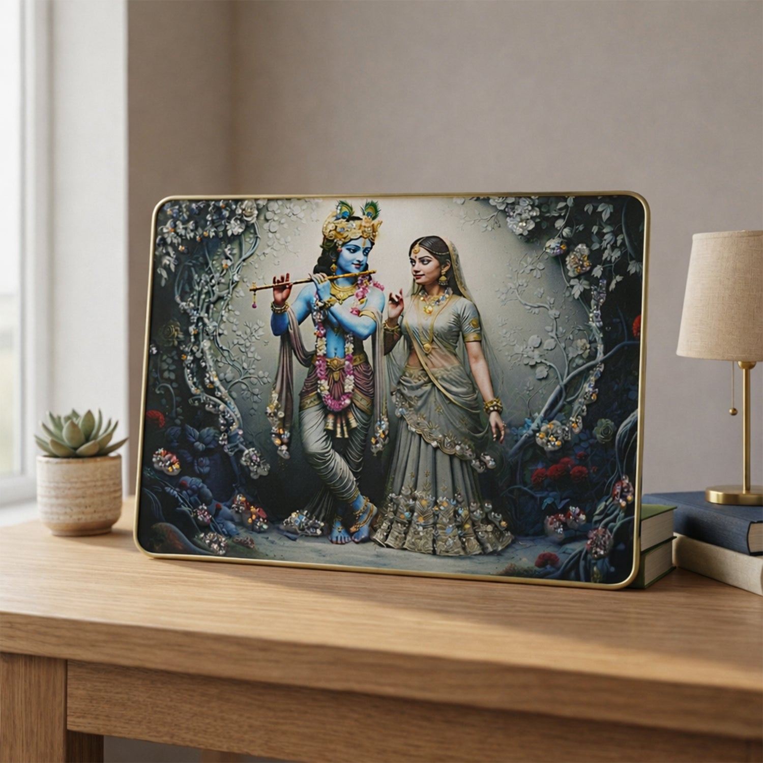 Divine Radha Krishna flute art wall frame by Wukusy, 45x30 cm, featuring intricate Radha Krishna deity illustration on a decorative frame.
