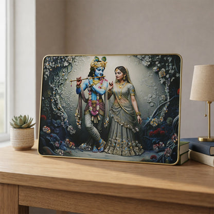 Divine Radha Krishna flute art wall frame by Wukusy, 45x30 cm, featuring intricate Radha Krishna deity illustration on a decorative frame.