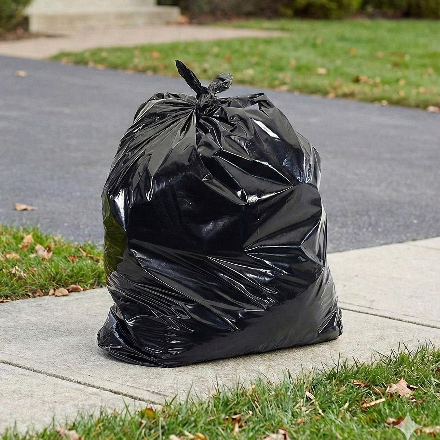 Black heavy-duty garbage bag roll by Wukusy for home and commercial waste disposal, shown in a roll ready for use.