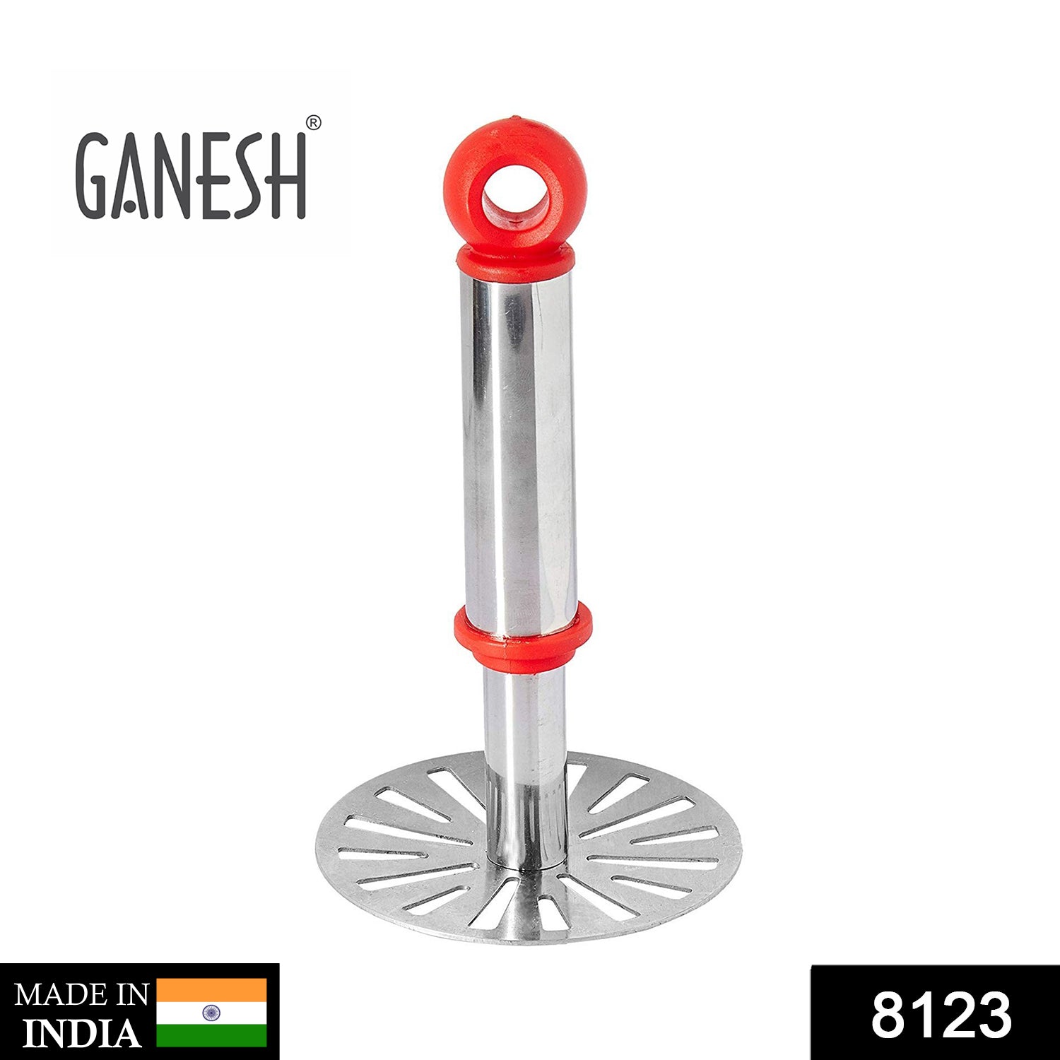 Wukusy Ganesh potato pav bhaji masher with plastic handle, silver oval design, perfect for mashing potatoes and bhaji in the kitchen.